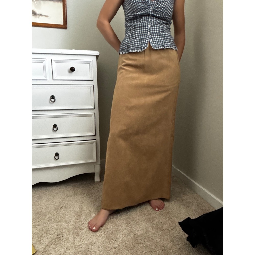 Cindy Bai Tan Faux Suede Maxi Skirt Boho Elastic Waist Pockets Brown Size M